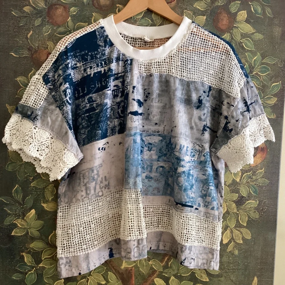 Anthropologie Pilcro Mixed Media Torn Lace Tee Blouse Short Sleeve Top Boho - Picture 3 of 12
